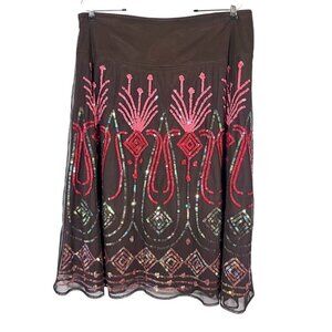 J Marco Sequin Floral Skirt 14 Brown Tulle Midi Boho Western Hippie Indie Artsy
